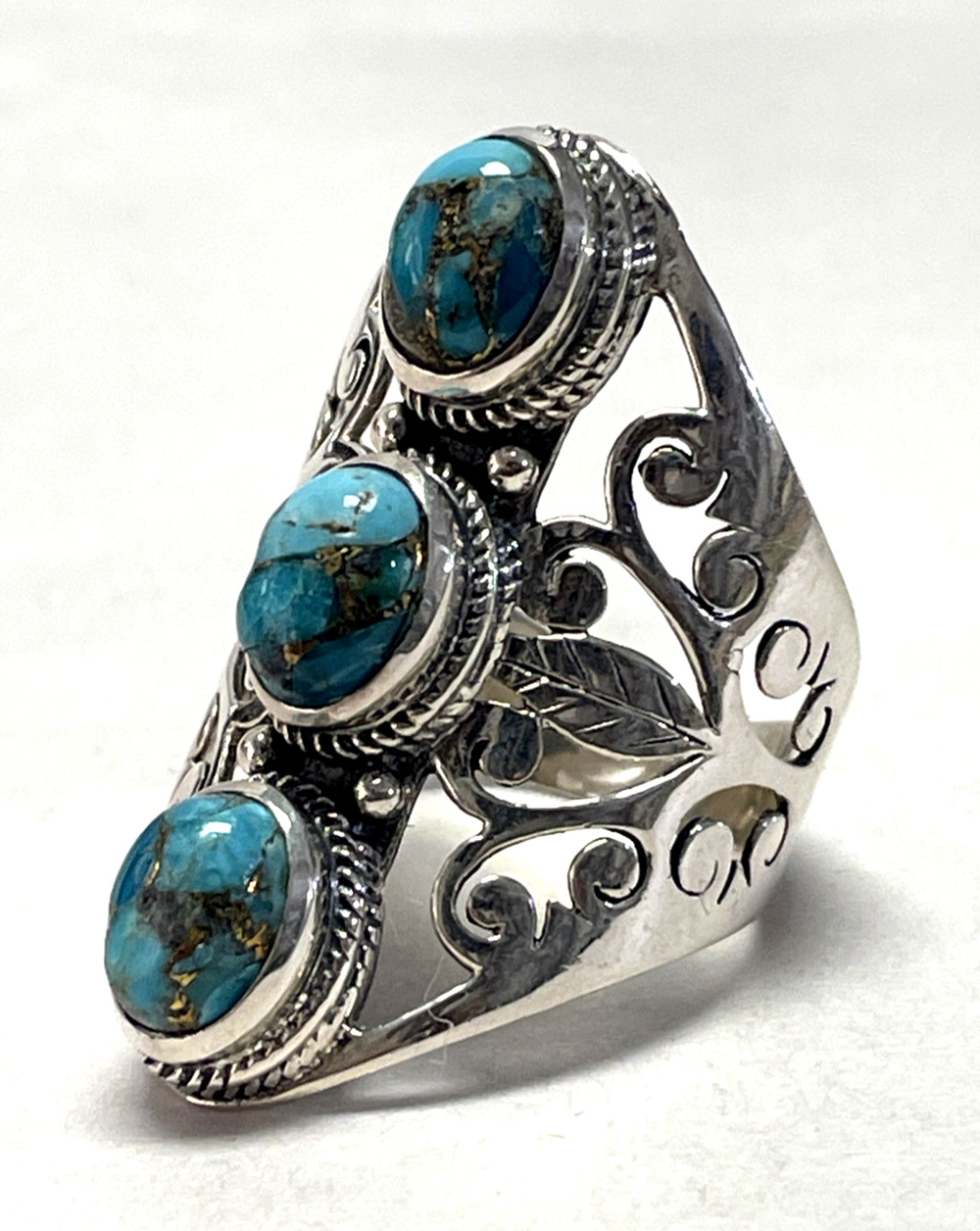 YS 925 Sterling Silver Copper Turquoise 3-Stone Wide Ring Size 9.75 8g